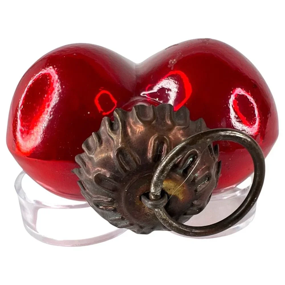 2 Modern Kugel Style Heart Shape Glass Christmas Ornament‎ Red Purple Metal Caps